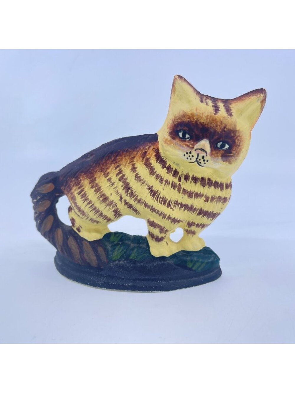 vintage handpainted cast iron cat doorstop figurine brown & yellow stripes